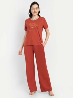 Bedtime Story - Rust Half Sleeves T-Shirt with Pyjama
