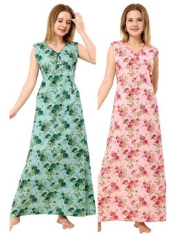 PIU - Green & Pink Cotton Floral Sleeveless Nightdress (Pack of 2)