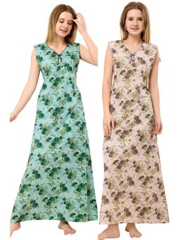 PIU - Beige & Green Cotton Floral Sleeveless Nightdress (Pack of 2)