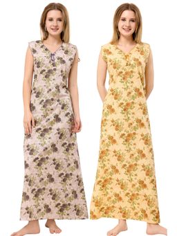 PIU - Beige & Mustard Cotton Floral Sleeveless Nightdress (Pack of 2)