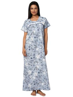 Juliet - Blue Floral Cotton Half Sleeves Nightdress