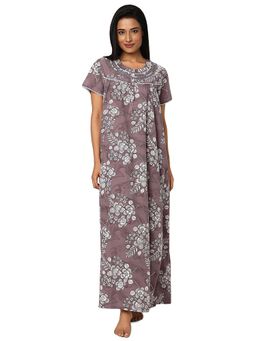 Juliet - Brown Floral Cotton Half Sleeves Nightdress