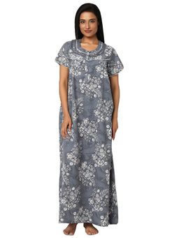Juliet - Grey Floral Cotton Half Sleeves Nightdress
