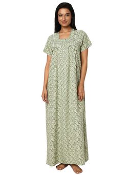 Juliet - Green Floral Cotton Half Sleeves Nightdress