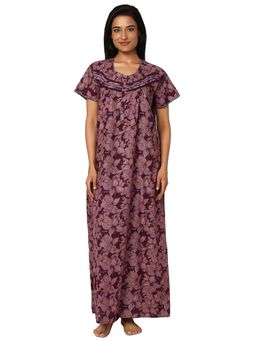Juliet - Maroon Floral Cotton Half Sleeves Nightdress