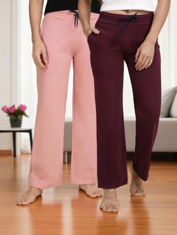 Kryptic - Wine & Pink Cotton Solid Mid-Rise Pyjamas (Pack of 2)