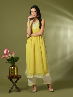 MYSHKA - Yellow Solid Georgette Nyra Cut Party Kurta and Pant (Set of 2)