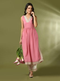 MYSHKA - Pink Solid Georgette Nyra Cut Party Kurta and Pant (Set of 2)