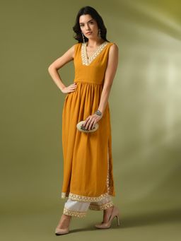 MYSHKA - Mustard Solid Georgette Nyra Cut Party Kurta and Pant (Set of 2)