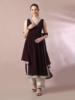 MYSHKA - Wine Solid Georgette Nyra Cut Party Kurta and Pant with Dupatta (Set of 3)
