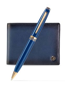 Lapis Bard - Gift Set Contemporary Gold Trims Ballpoint Pen With Ducorium Wallet Blue With Gold Trim
