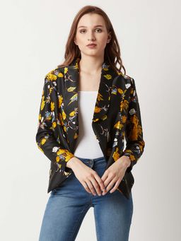 Miss Chase - Women's Black Round Neck Full Sleeve Open Front Floral Jacket