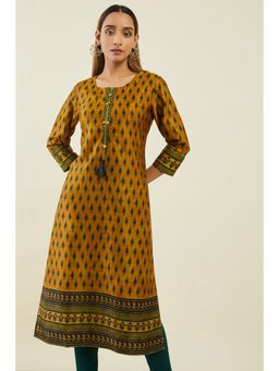 Soch - Mustard Satin Printed Kurta With Embellishments And Gota Patti