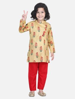 BownBee - Floral Print Cotton Kurta Pyjama- Yellow (Set of 2)