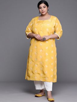 Extra love by Libas - Plus Size Women Yellow Embroidered Chanderi Silk Kurtas for Women