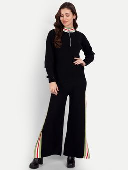 IKI CHIC - Black Knitted Color Block Half Zip Sweater with Wide Leg Slit Pants (Set of 2)