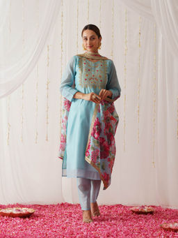 Rustorange - Light Blue Embroidered Chanderi Kurta with Pant & Dupatta (Set of 3)