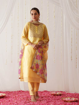 Rustorange - Yellow Embroidered Chanderi Kurta with Pant & Dupatta (Set of 3)