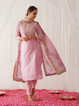Rustorange - Light Pink Embroidered Chanderi Kurta with Pant & Dupatta (Set of 3)