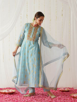 Rustorange - Sky Blue Chanderi Gold Printed Kurta with Pant & Dupatta (Set of 3)