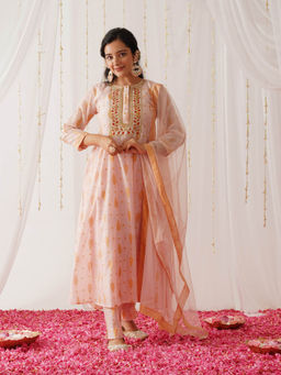 Rustorange - Light Peach Chanderi Gold Printed Kurta with Pant & Dupatta (Set of 3)