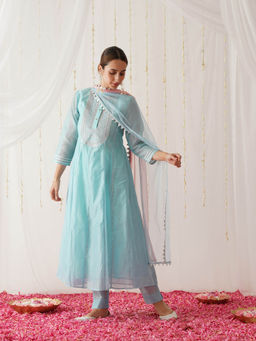 Rustorange - Sky Blue Embroidered Chanderi Kurta with Pant & Dupatta (Set of 3)