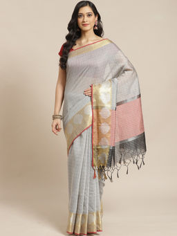Indethnic - Banarasi Grey Checked Work Wear Saree With Unstitched Blouse