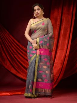 CHARUKRITI - Flint Grey Muslin Handwoven Woven Motifs and Zari Borders Saree with Unstitched Blouse