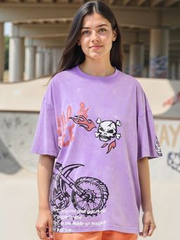 Bewakoof - Women's Purple Wild & Free Graphic Printed Oversized T-shirt