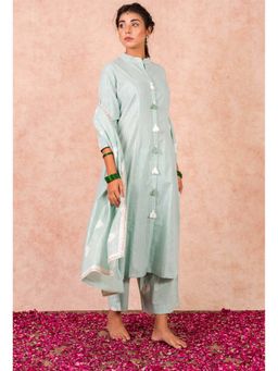 Keva Clothing - Women Aqua Cotton Lurex Stripes Kurta with Palazzo and Dupatta