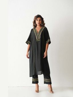 Keva Clothing - Women Black Cotton Embroidered Kaftan with Pant Co-Ords Set