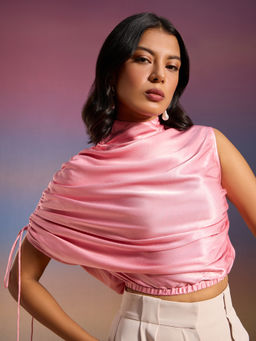RSVP by Nykaa Fashion - Light Pink Satin High Neck Sleeveless Ruched Crop Top