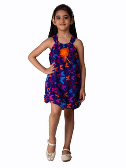 Creative Kids - Girl Blue & Orange Butterfly Print Balloon Dress