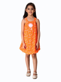 Creative Kids - Girl Orange & White Floral Print Balloon Dress