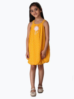 Creative Kids - Girl Yellow & White Printed Balloon Dress