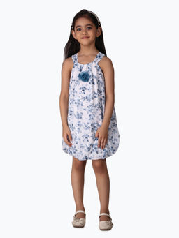 Creative Kids - Girl White & Navy Blue Floral Print Balloon Dress