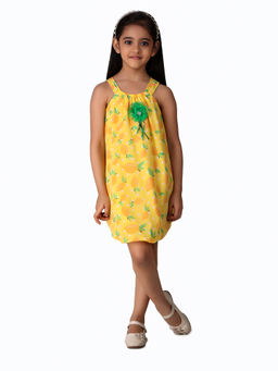 Creative Kids - Girl Yellow & Green Fruit Print Shoulder Strap Dress