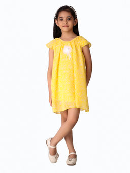 Creative Kids - Girl Yellow & White Floral Print Cap Sleeves A-Line Dress