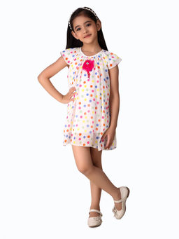 Creative Kids - Girl White & Pink Polka Dot Print Cap Sleeves A-Line Dress