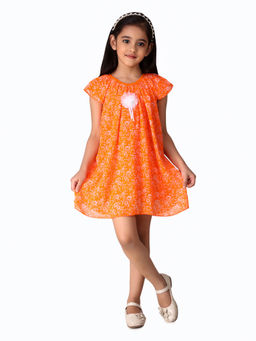 Creative Kids - Girl Orange & White Floral Print Cap Sleeves A-Line Dress