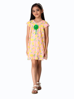 Creative Kids - Girl Pink & Green Fruit Print Cap Sleeves A-Line Dress