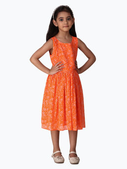 Creative Kids - Girl Orange & White Floral Print Gathered A-Line Dress