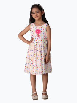 Creative Kids - Girl White & Pink Polka Dot Print Gathered A-Line Dress