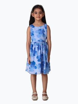 Creative Kids - Girl Blue Floral Print Gathered A-Line Dress