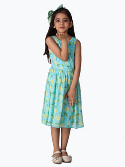 Creative Kids - Girl Green & Yellow Fruit Print Gathered A-Line Dress