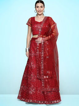 KVS FAB - Women Red Embroidered Semi Stitched Lehenga with Choli and Dupatta (Set of 3)