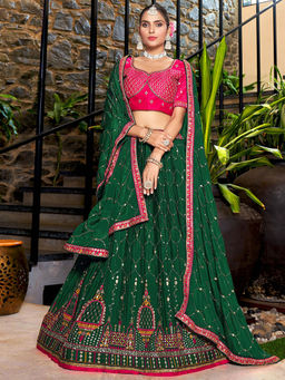 KVS FAB - Women Green Embroidered Semi Stitched Lehenga with Choli and Dupatta (Set of 3)