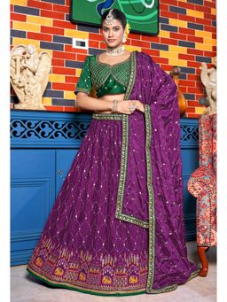 KVS FAB - Women Purple Embroidered Semi Stitched Lehenga with Choli and Dupatta (Set of 3)