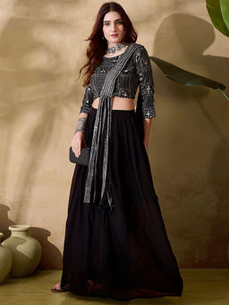 KVS FAB - Women Black Embroidered Lehenga with Choli and Dupatta (Set of 3)