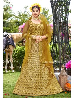 KVS FAB - Women Mustard Embroidered Semi Stitched Lehenga with Choli and Dupatta (Set of 3)